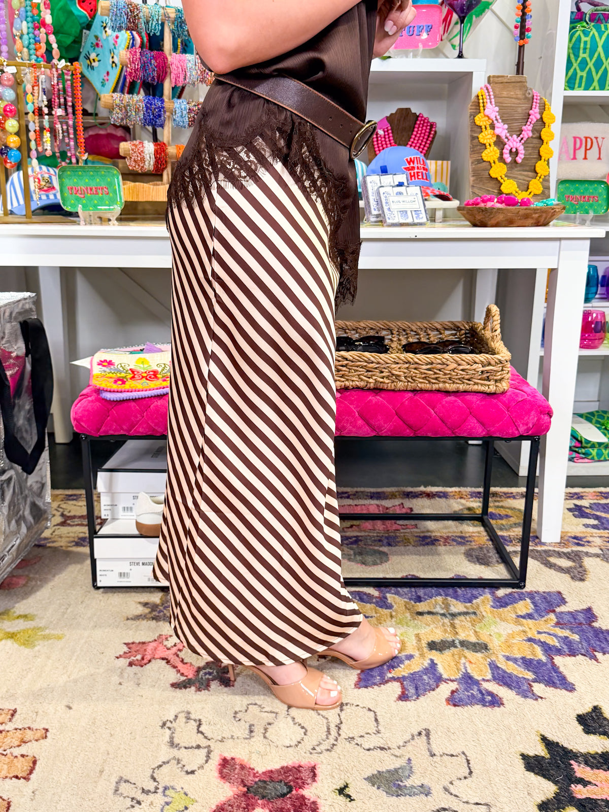 Stripe Satin Midi Skirt