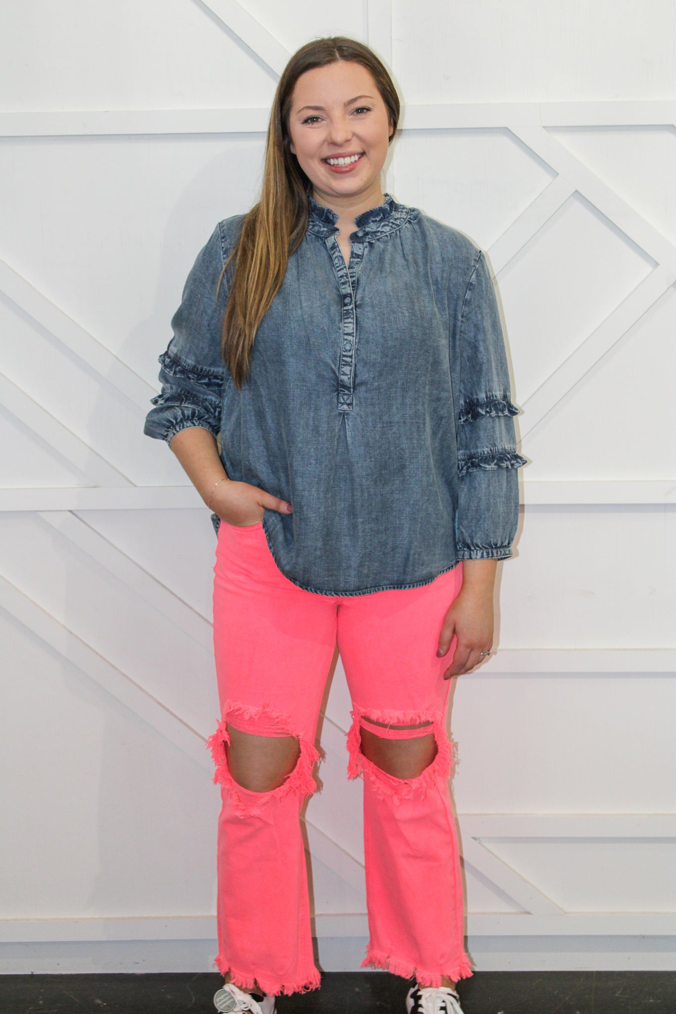 Ginger Double Ruffle Sleeve Denim Top