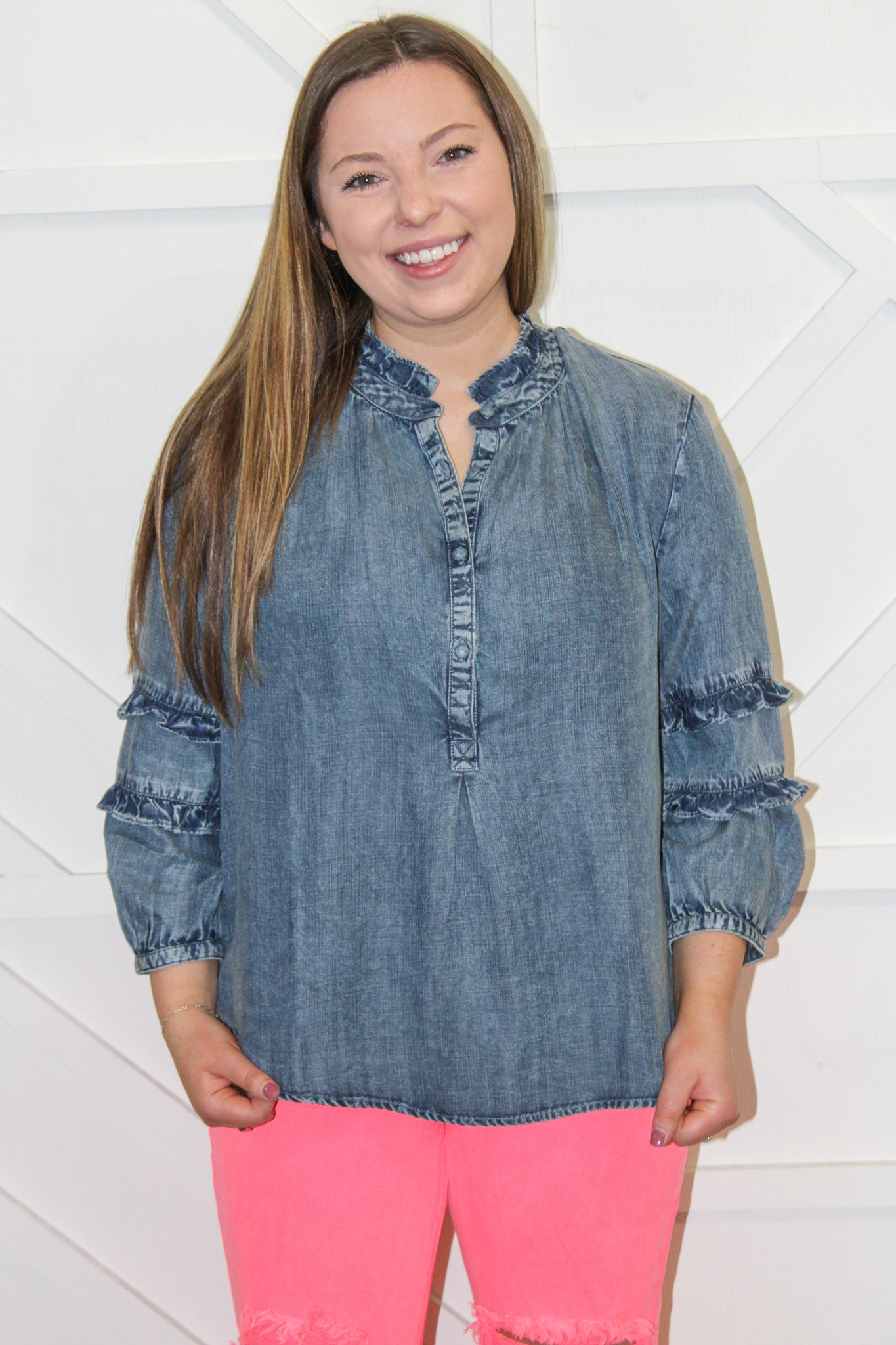 Ginger Double Ruffle Sleeve Denim Top