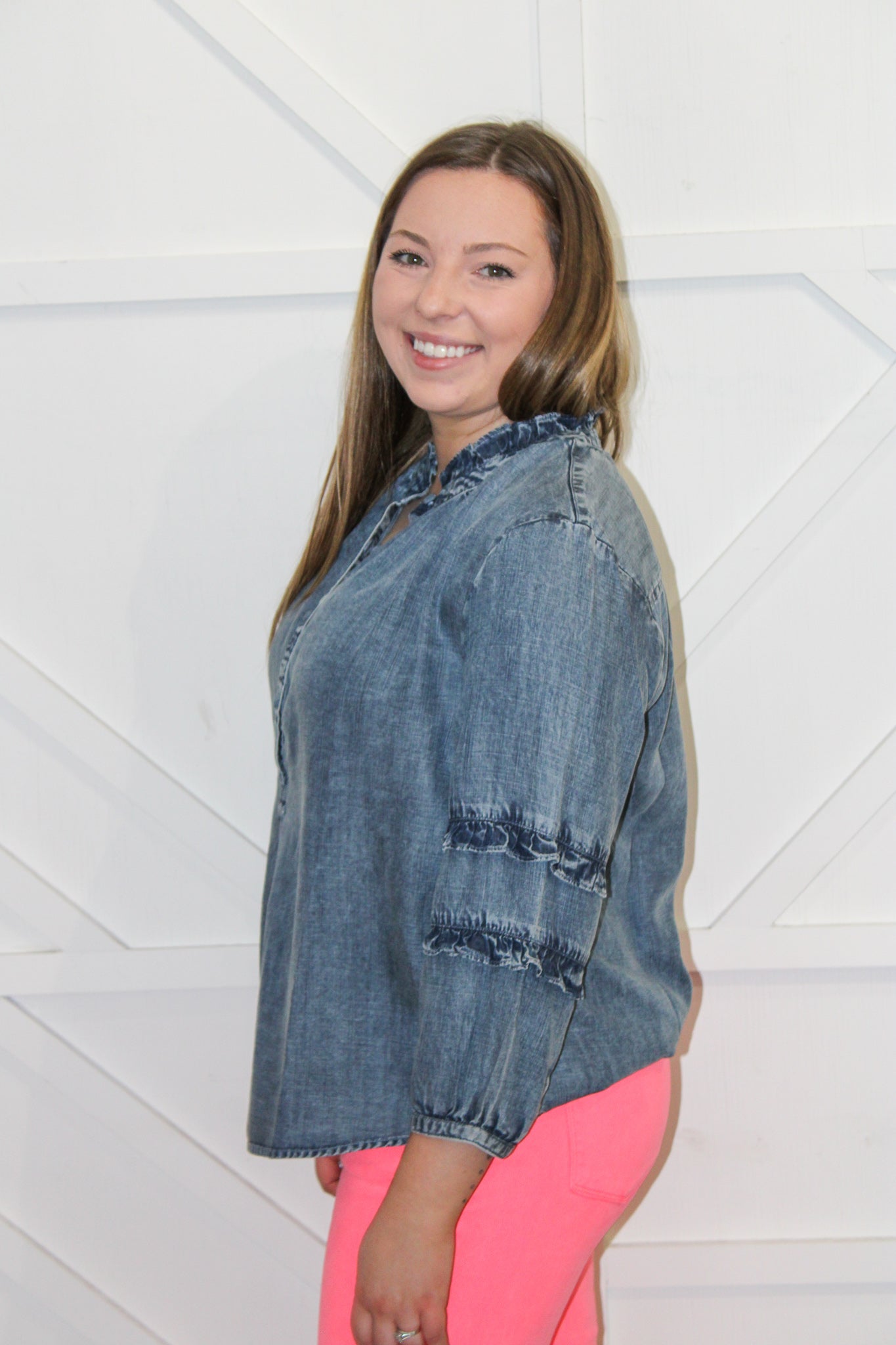 Ginger Double Ruffle Sleeve Denim Top