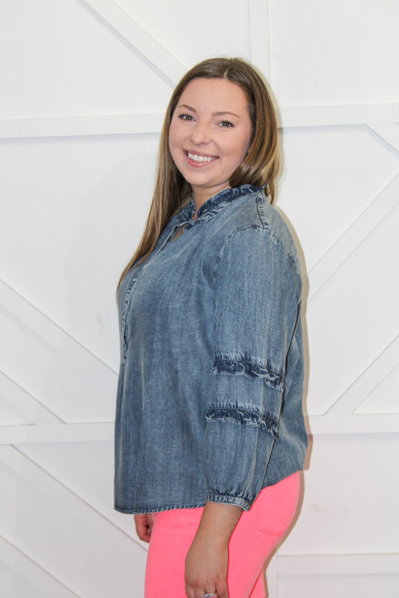 Ginger Double Ruffle Sleeve Denim Top