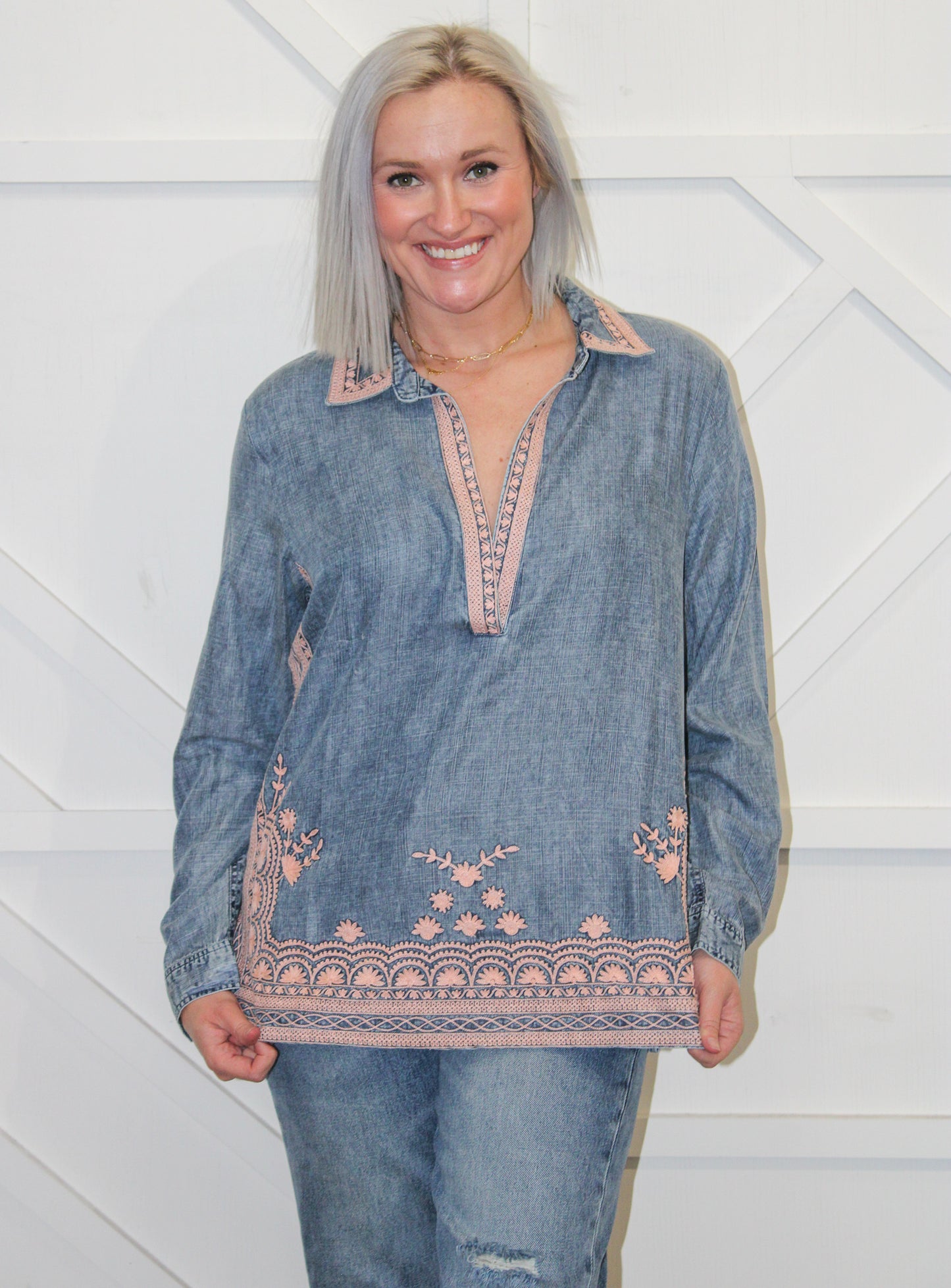 Embroidered Denim Top