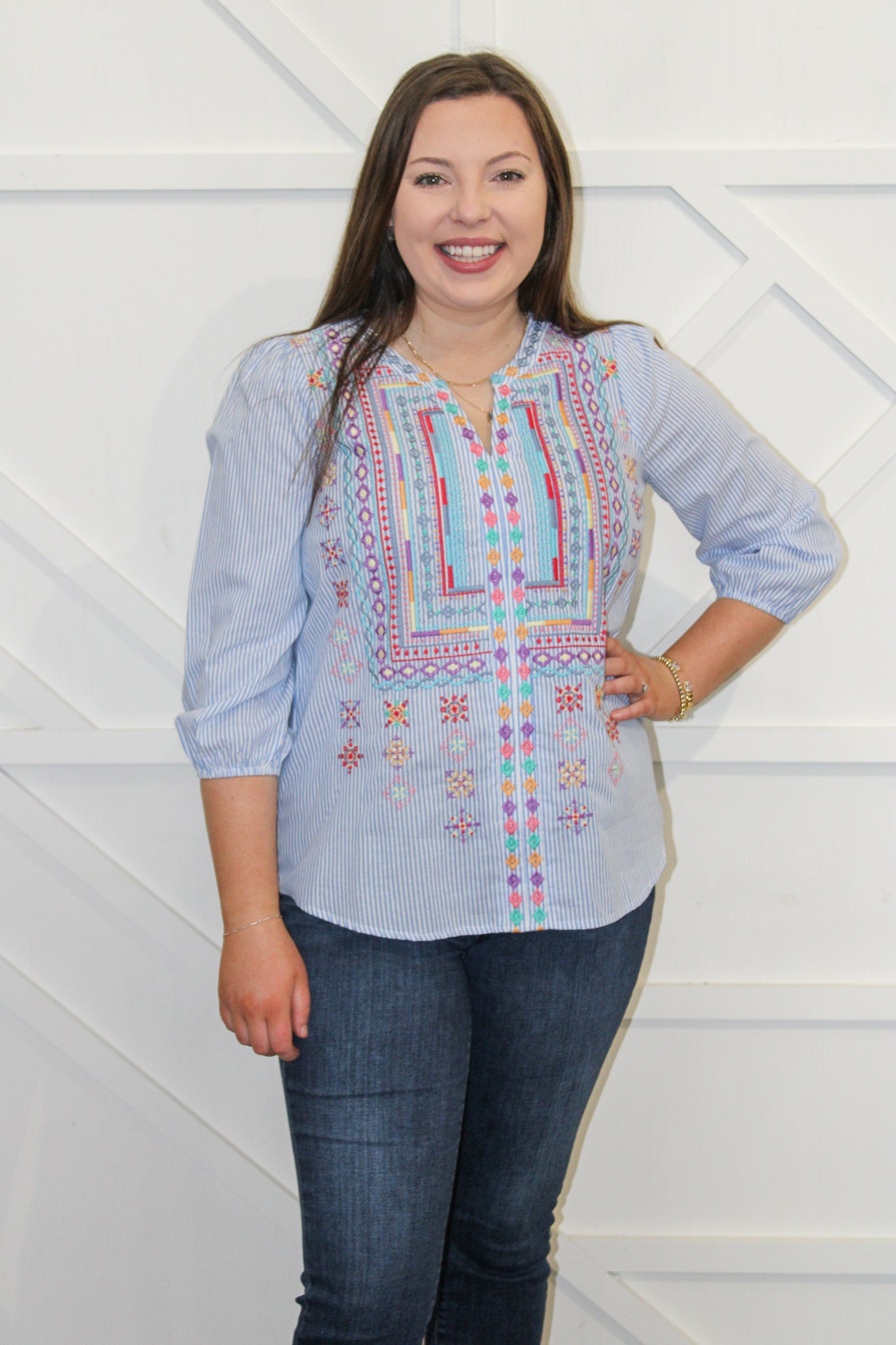 Striped Blouse w Split Neck