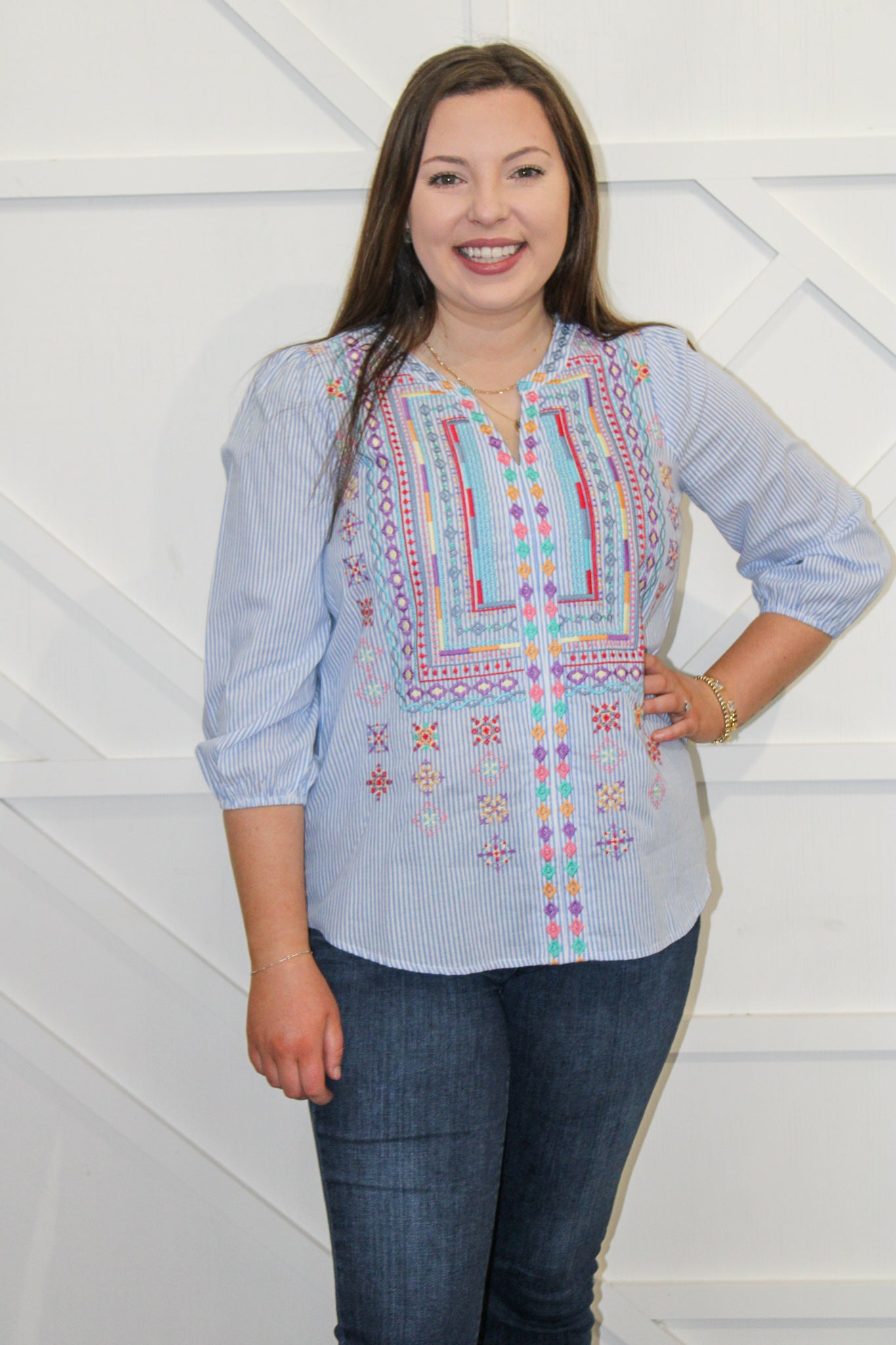 Striped Blouse w Split Neck