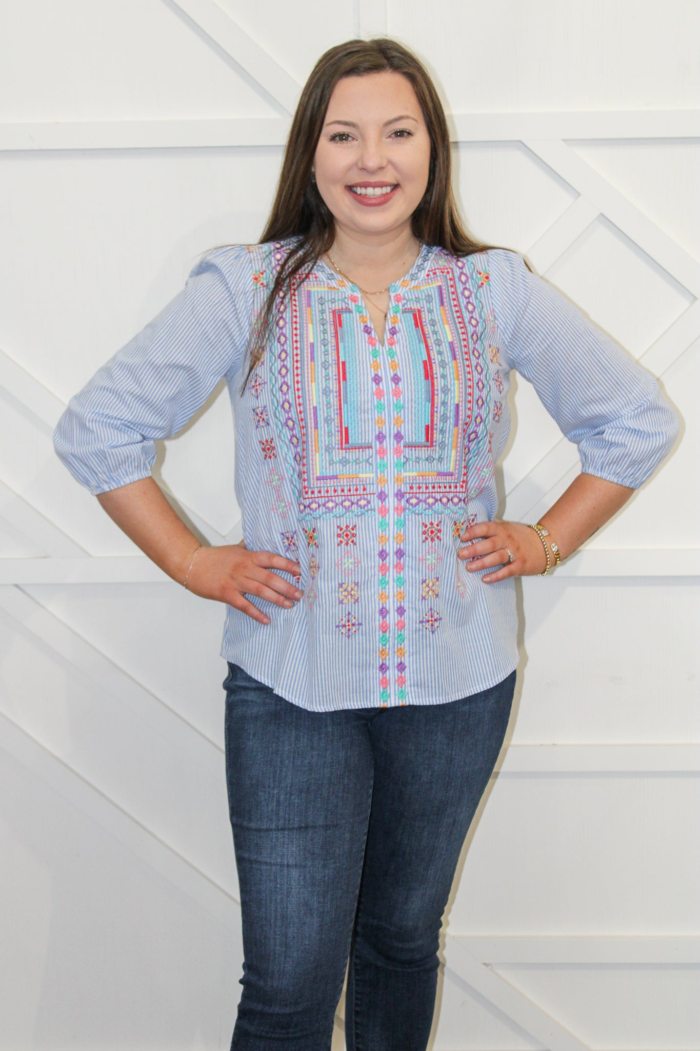 Striped Blouse w Split Neck