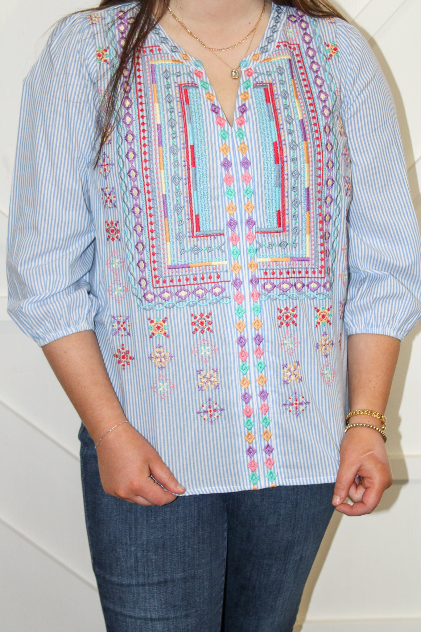 Striped Blouse w Split Neck
