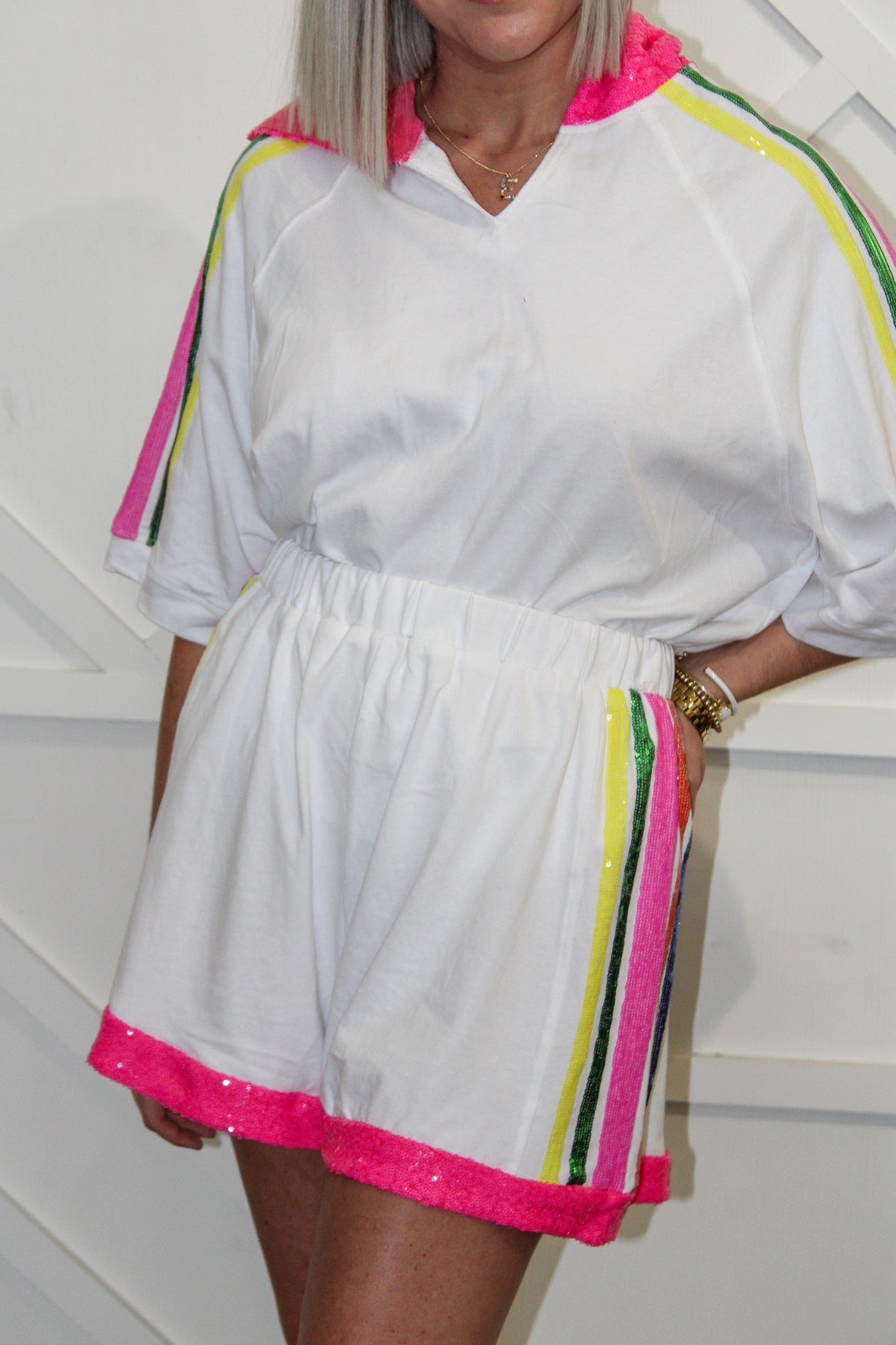 French Terry Sequin Striped Shorts
