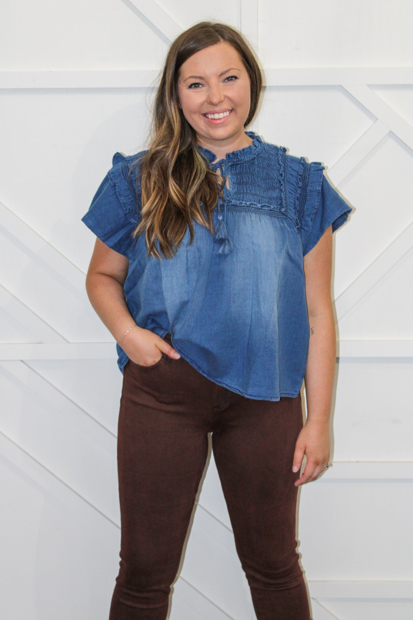 Indigo Ruffle Sleeve Top