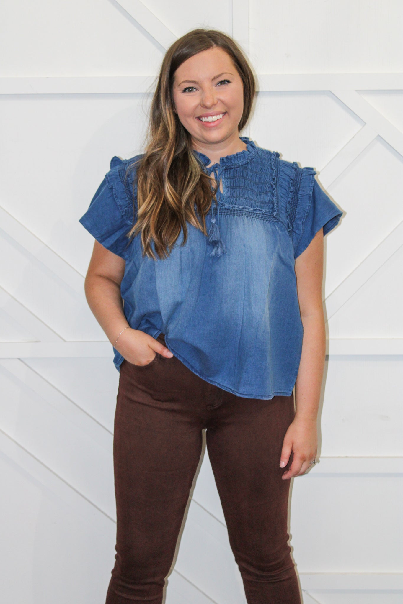 Indigo Ruffle Sleeve Top
