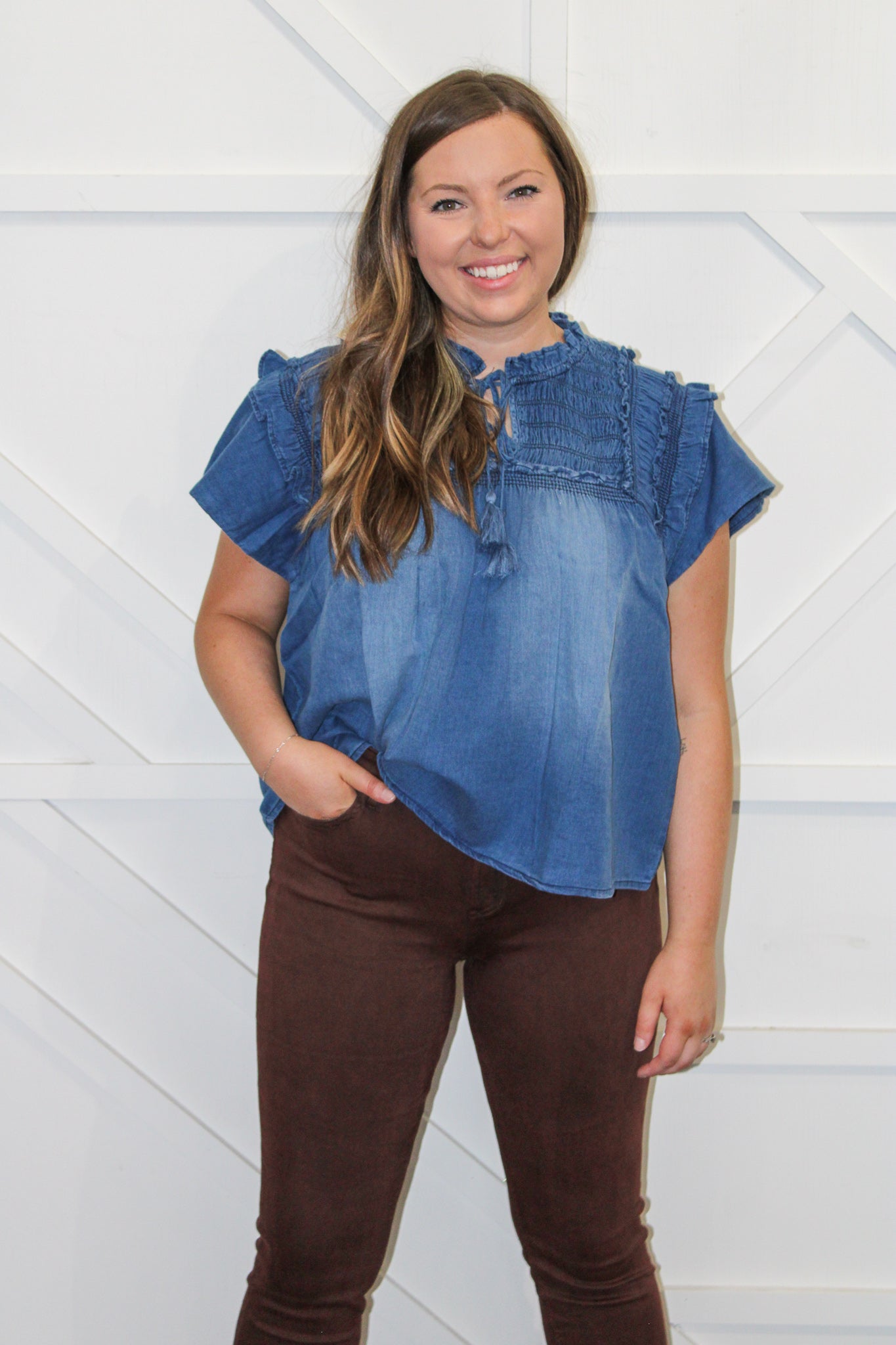 Indigo Ruffle Sleeve Top