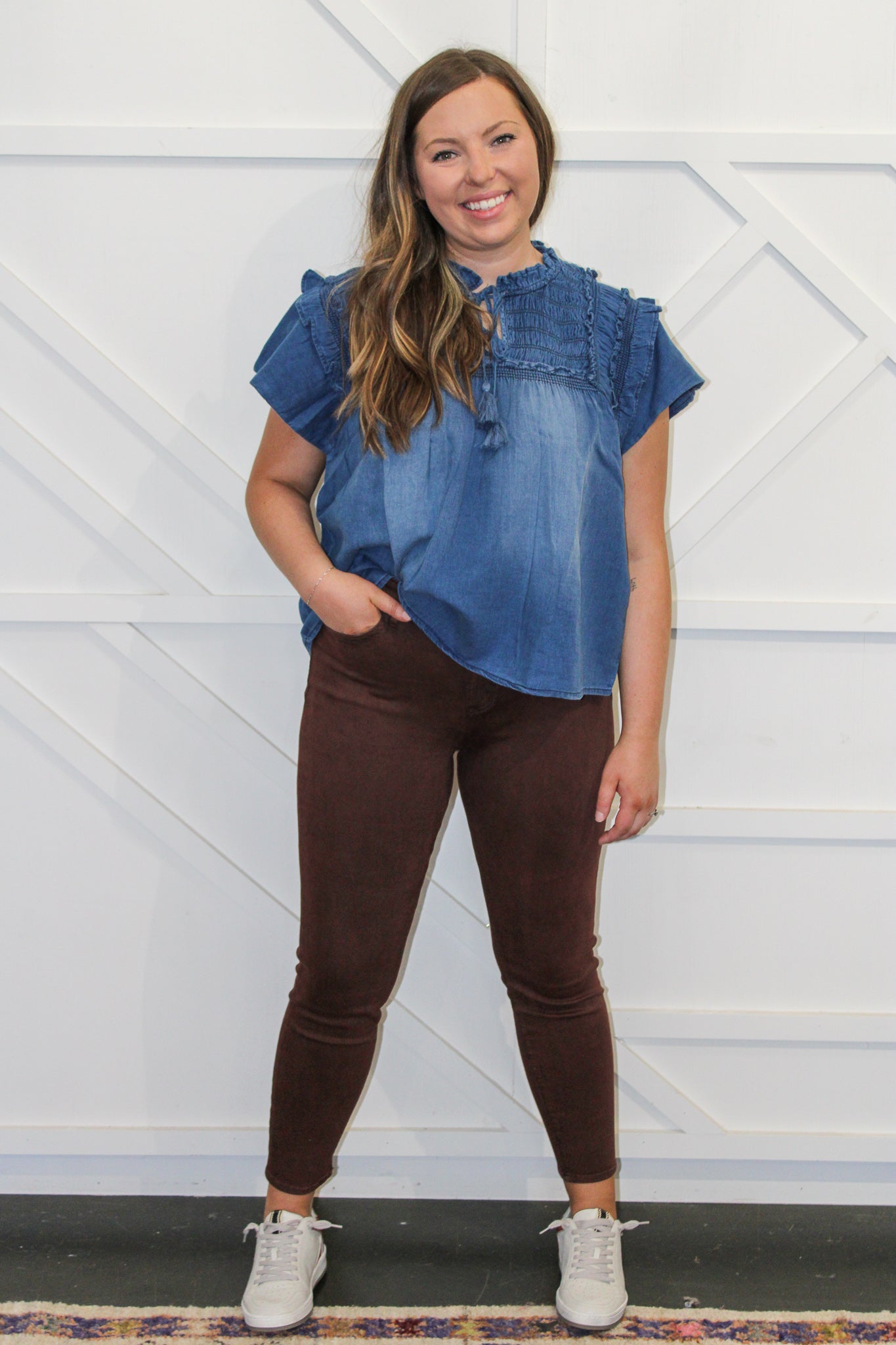 Indigo Ruffle Sleeve Top