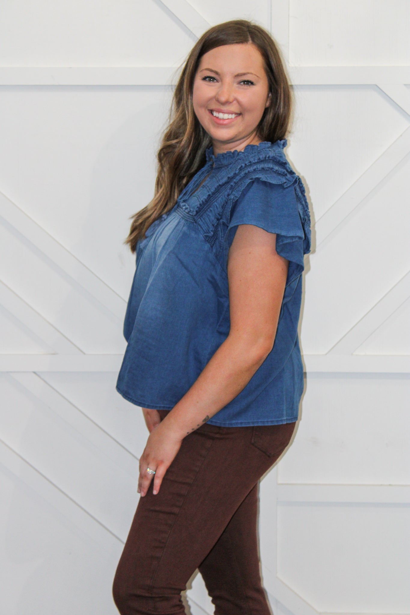 Indigo Ruffle Sleeve Top