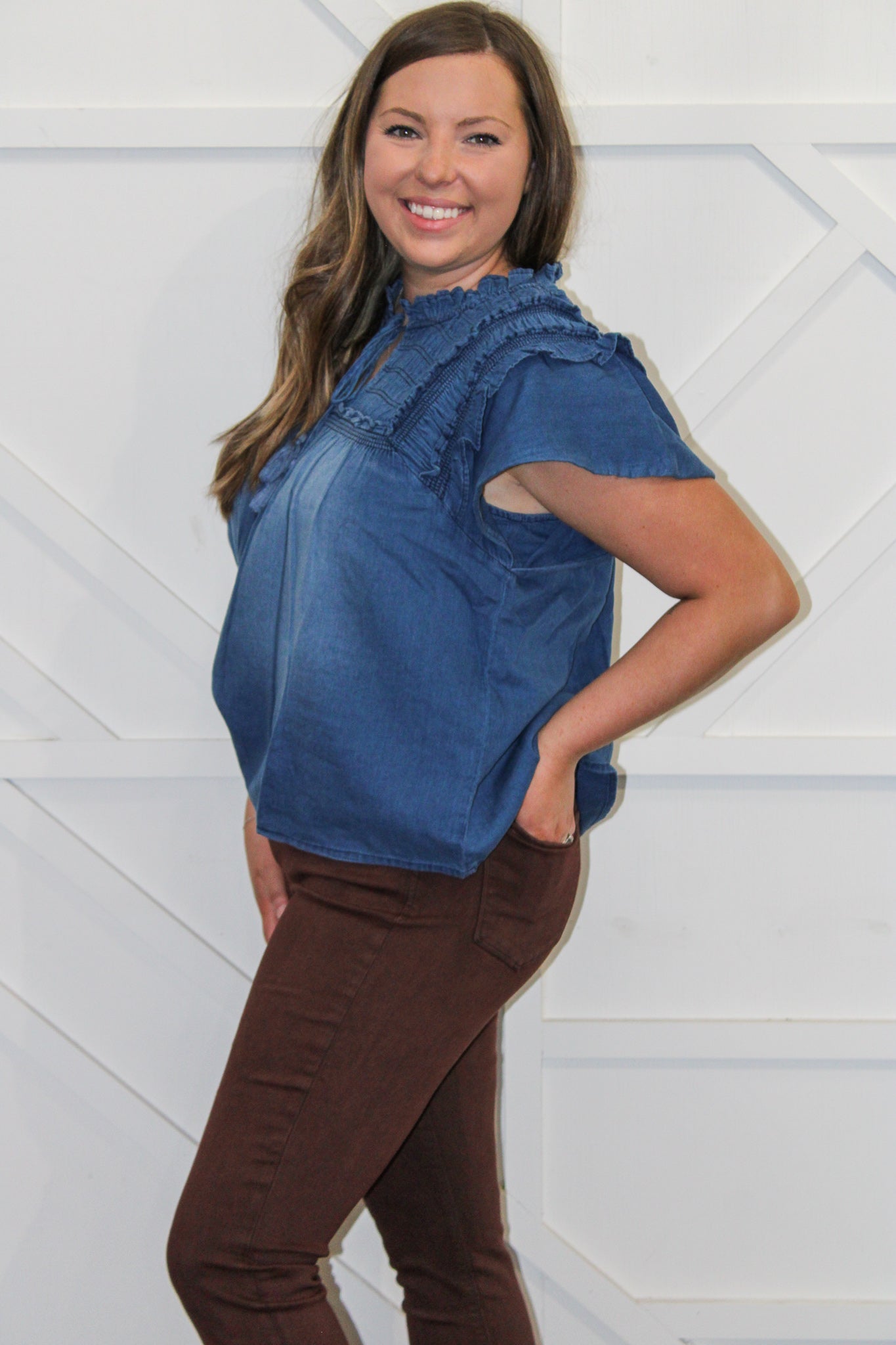 Indigo Ruffle Sleeve Top