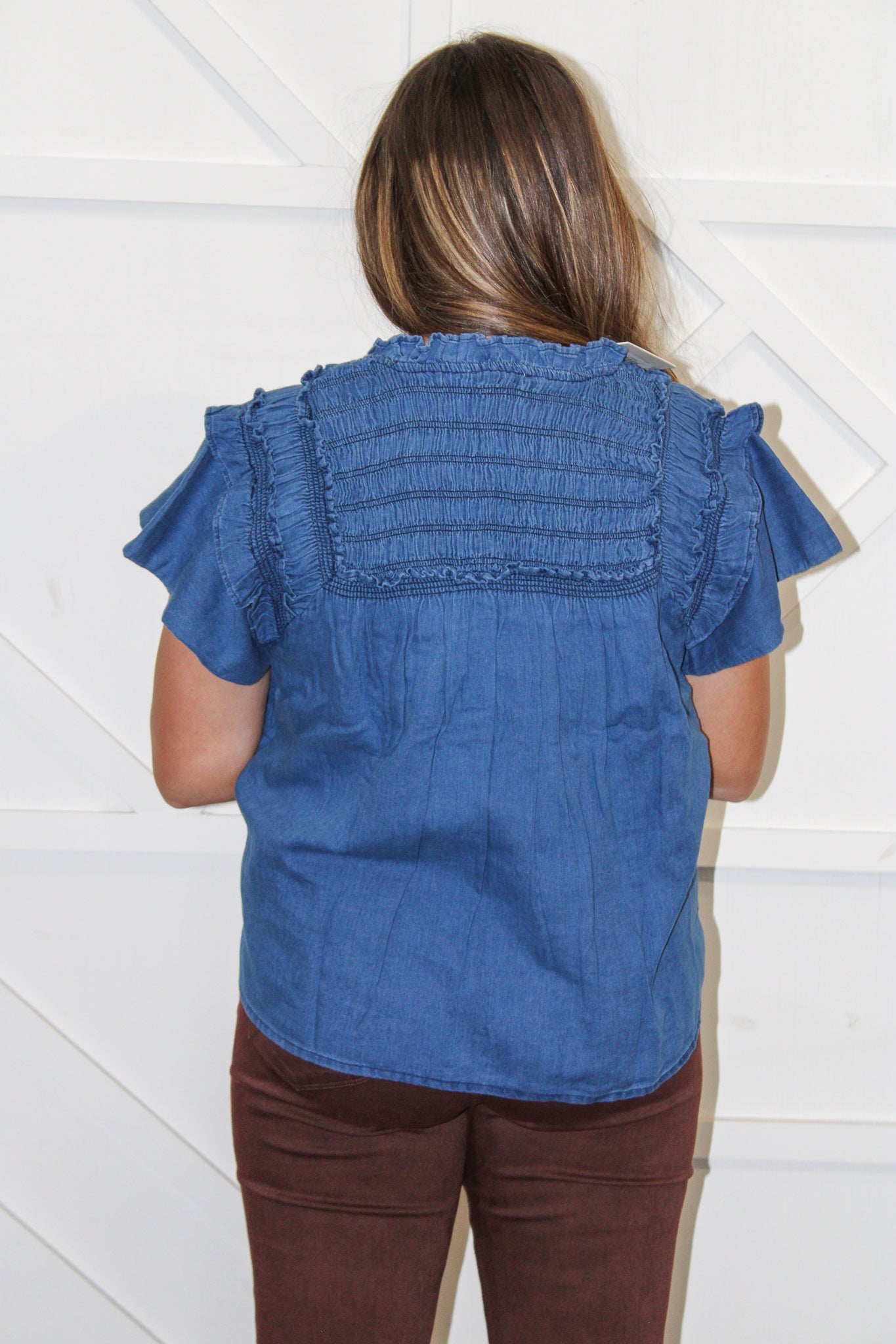 Indigo Ruffle Sleeve Top