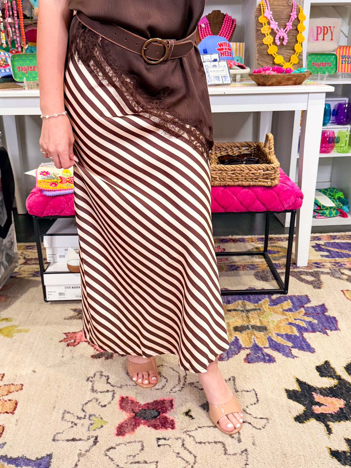 Stripe Satin Midi Skirt