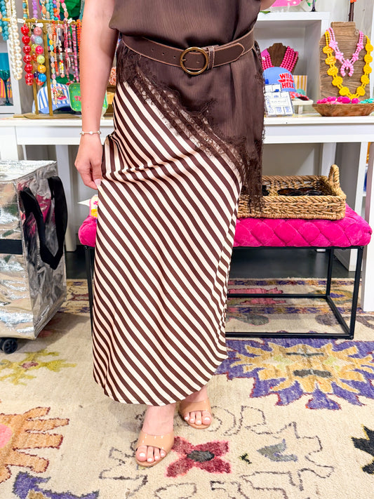 Stripe Satin Midi Skirt