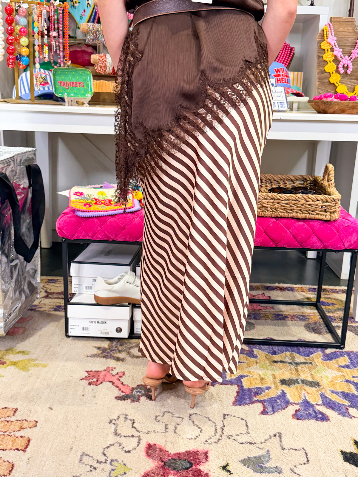 Stripe Satin Midi Skirt