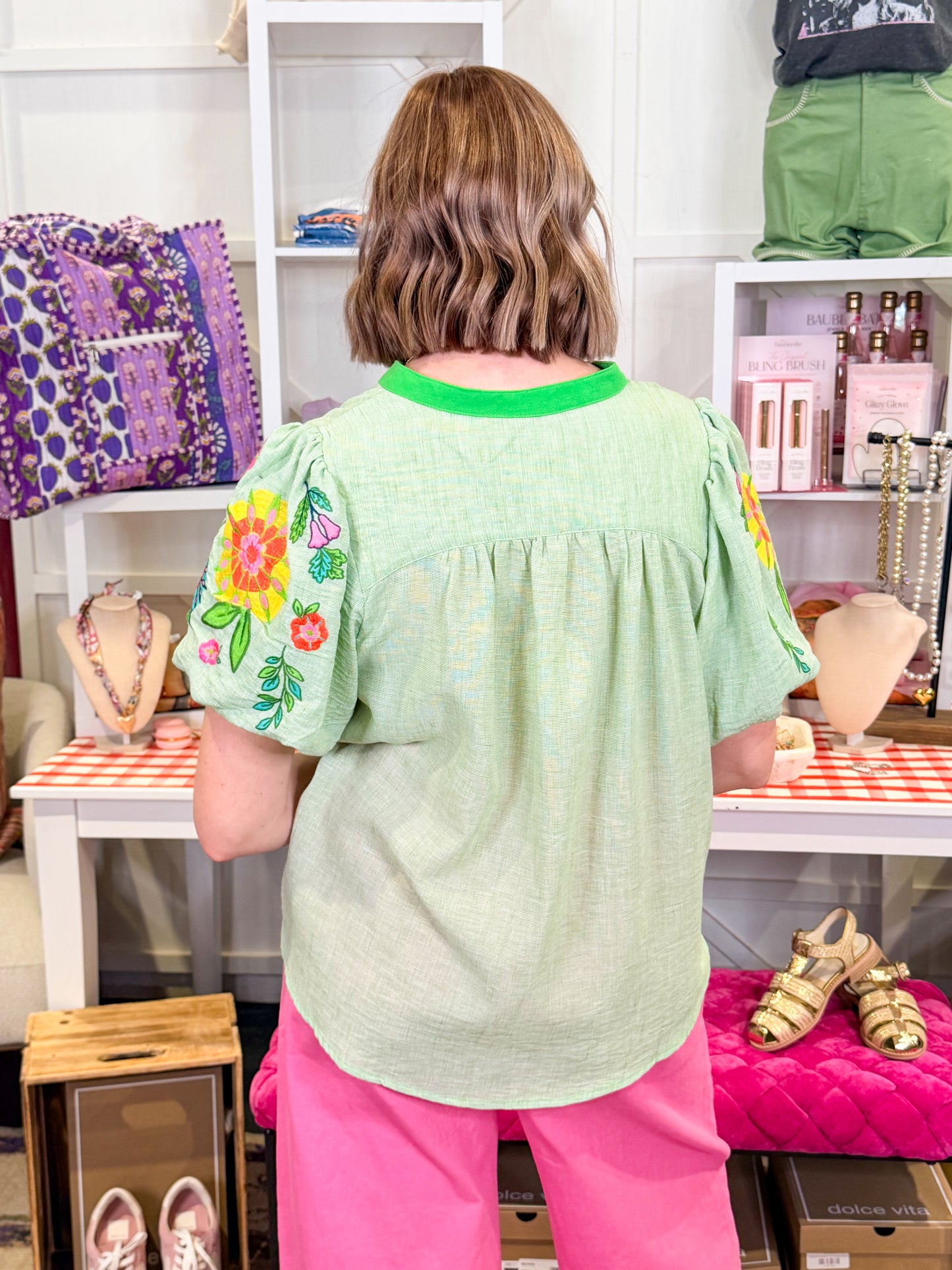 Embroidered Balloon Sleeve Top