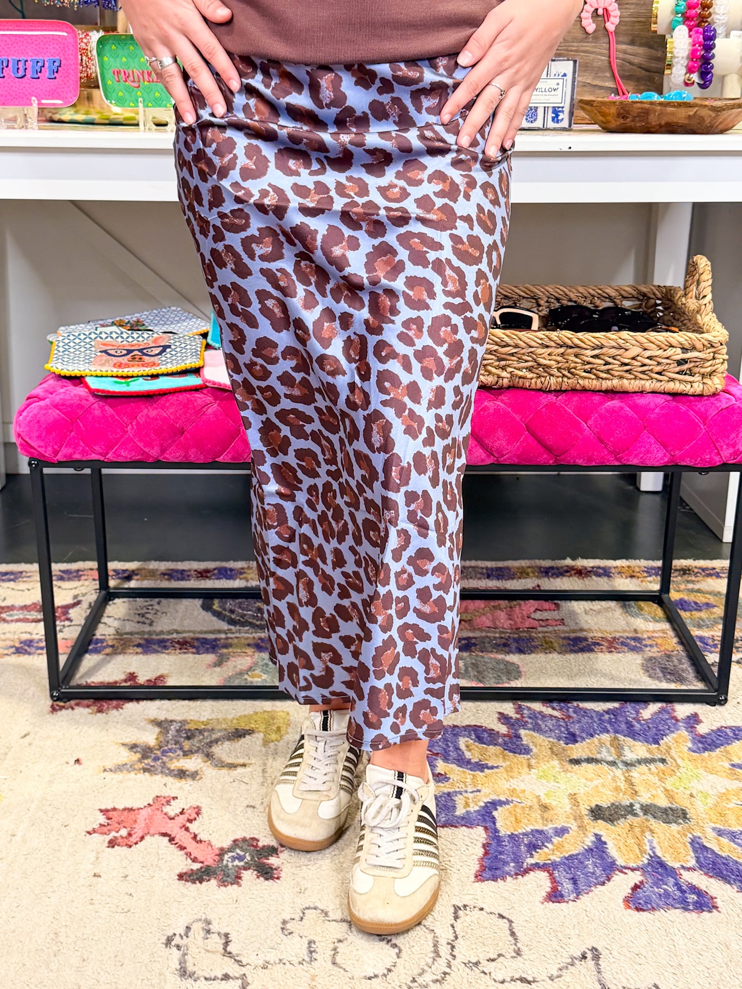 Animal Print HW Midi Skirt
