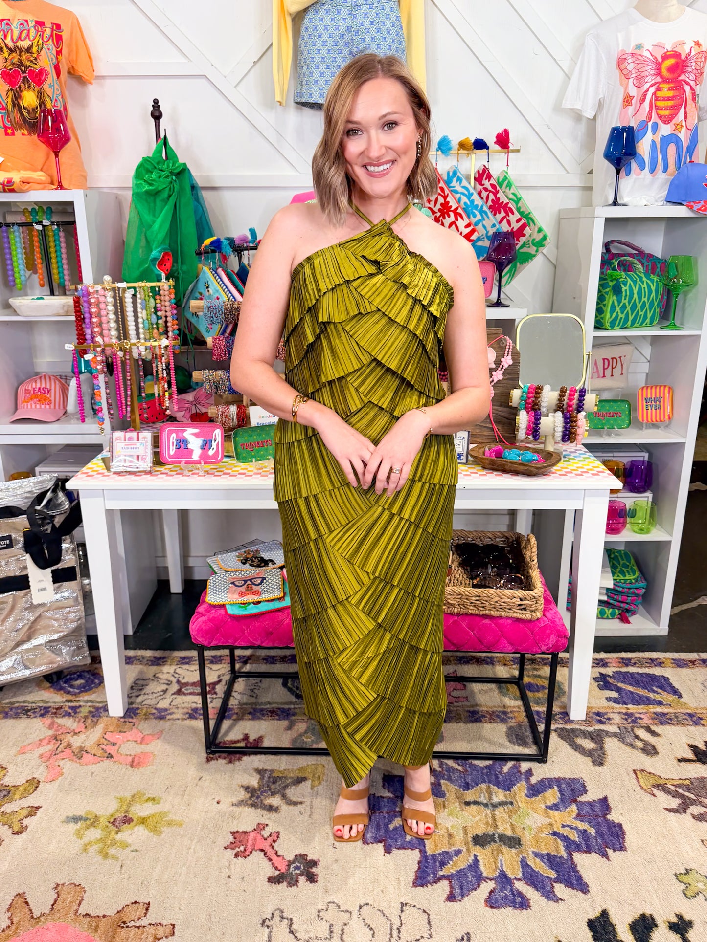 Olive Pleated Tiered Midi Dress