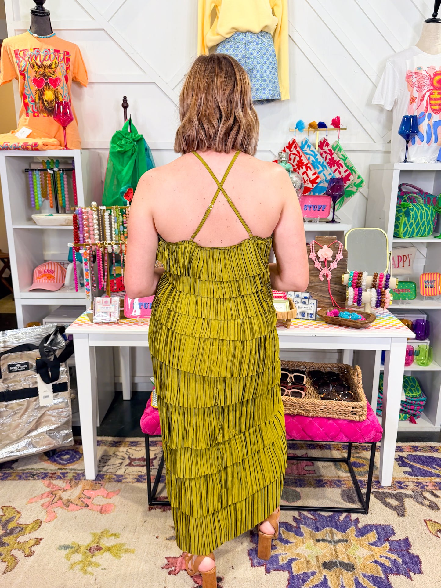 Olive Pleated Tiered Midi Dress