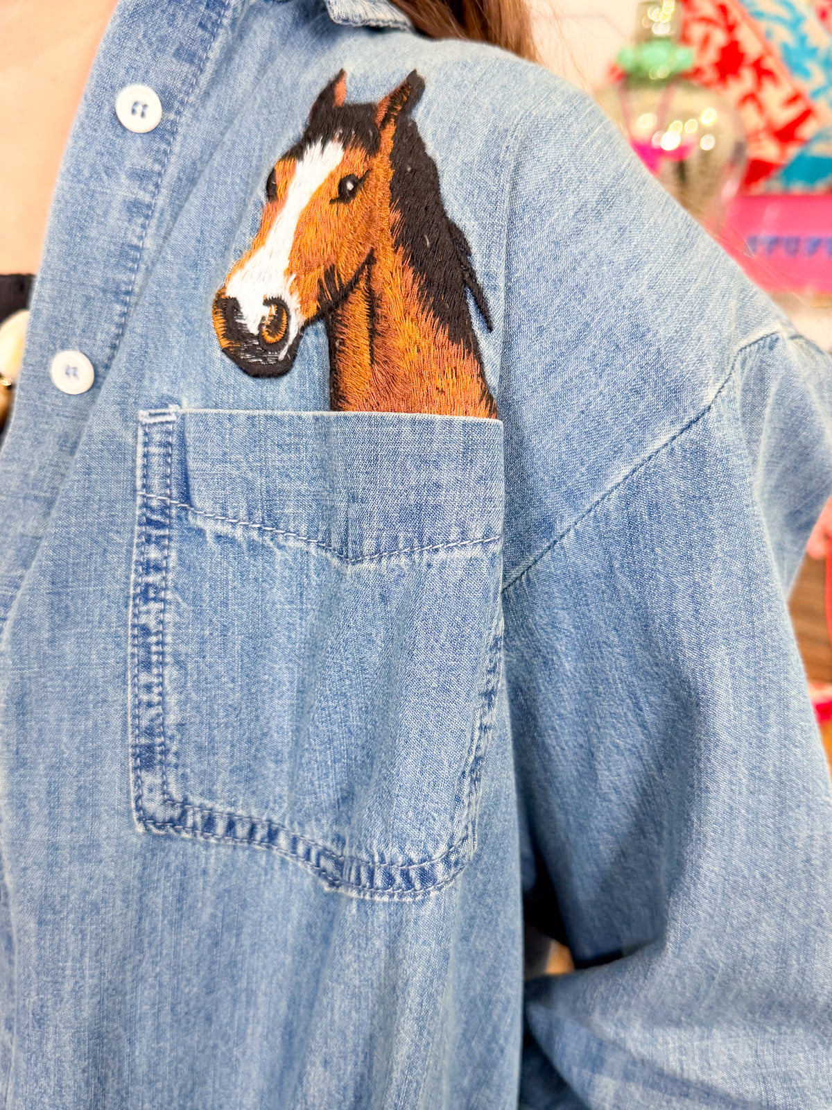 Horse Embroidered Denim Button Down Shirt