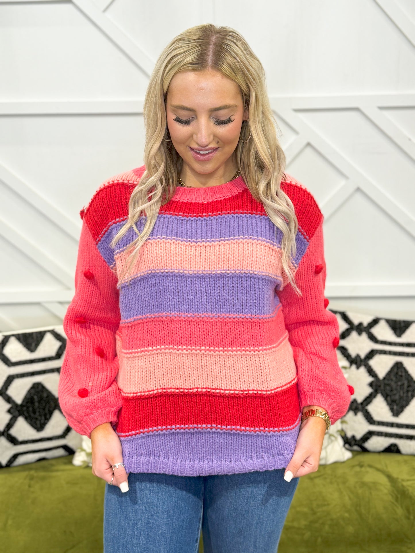 Colorblock Sweater w PomPoms