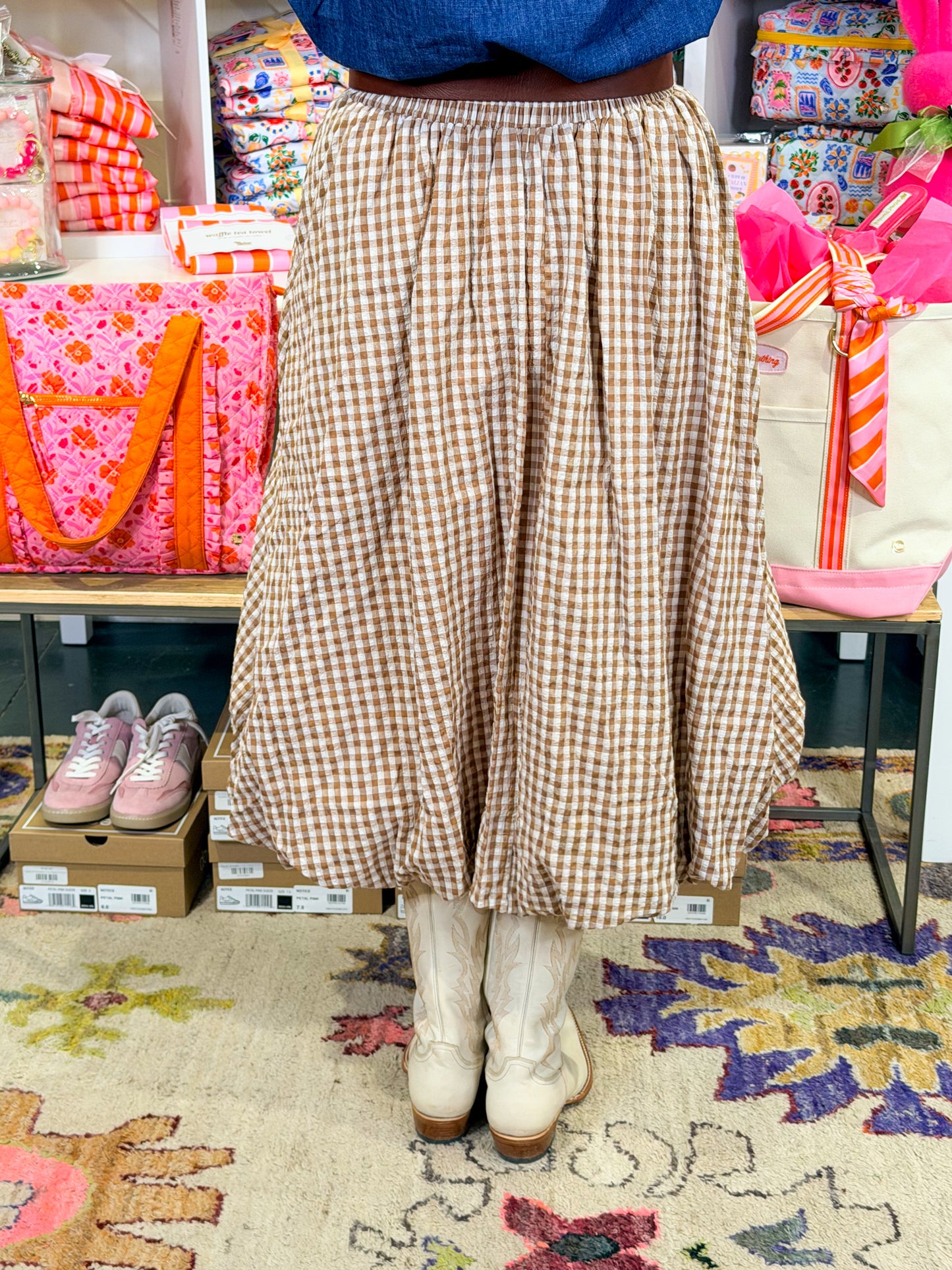 Gingham Bubble Hem Midi Skirt