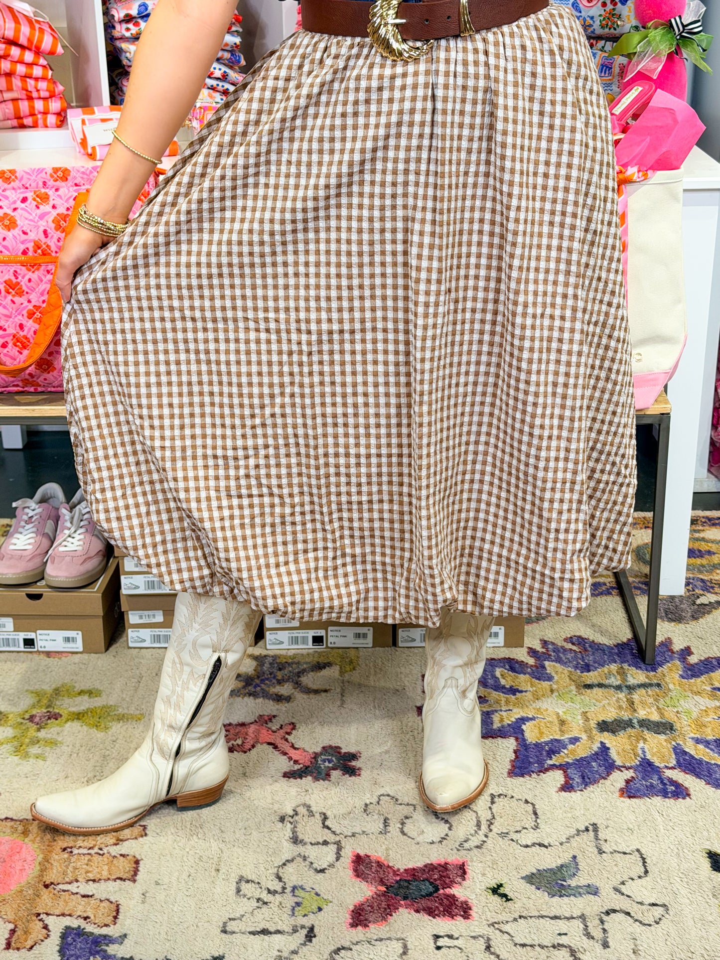 Gingham Bubble Hem Midi Skirt