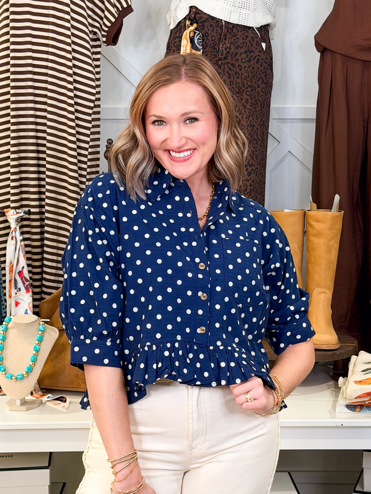 Polka Dot Ruffled Hem Blouse