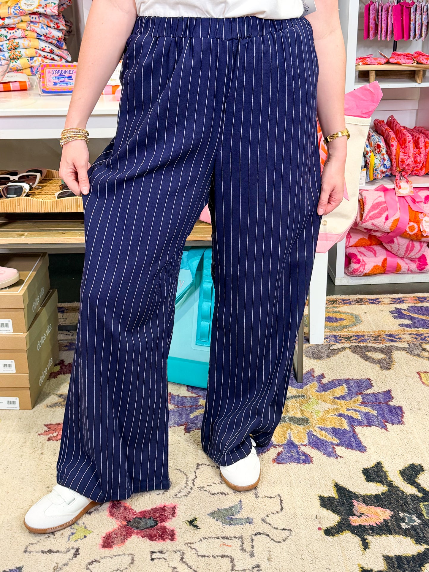 Pinstripe Linen Wide Leg Trouser