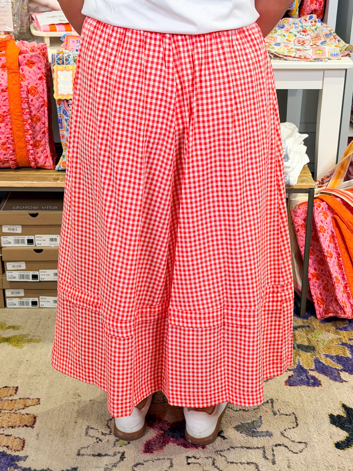 Red Gingham Midi Skirt