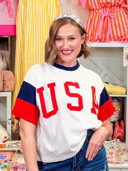 "USA" 1/2 Sleeve Crop Top